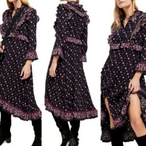 Free People Black Maxi Dress with Pink Floral Print